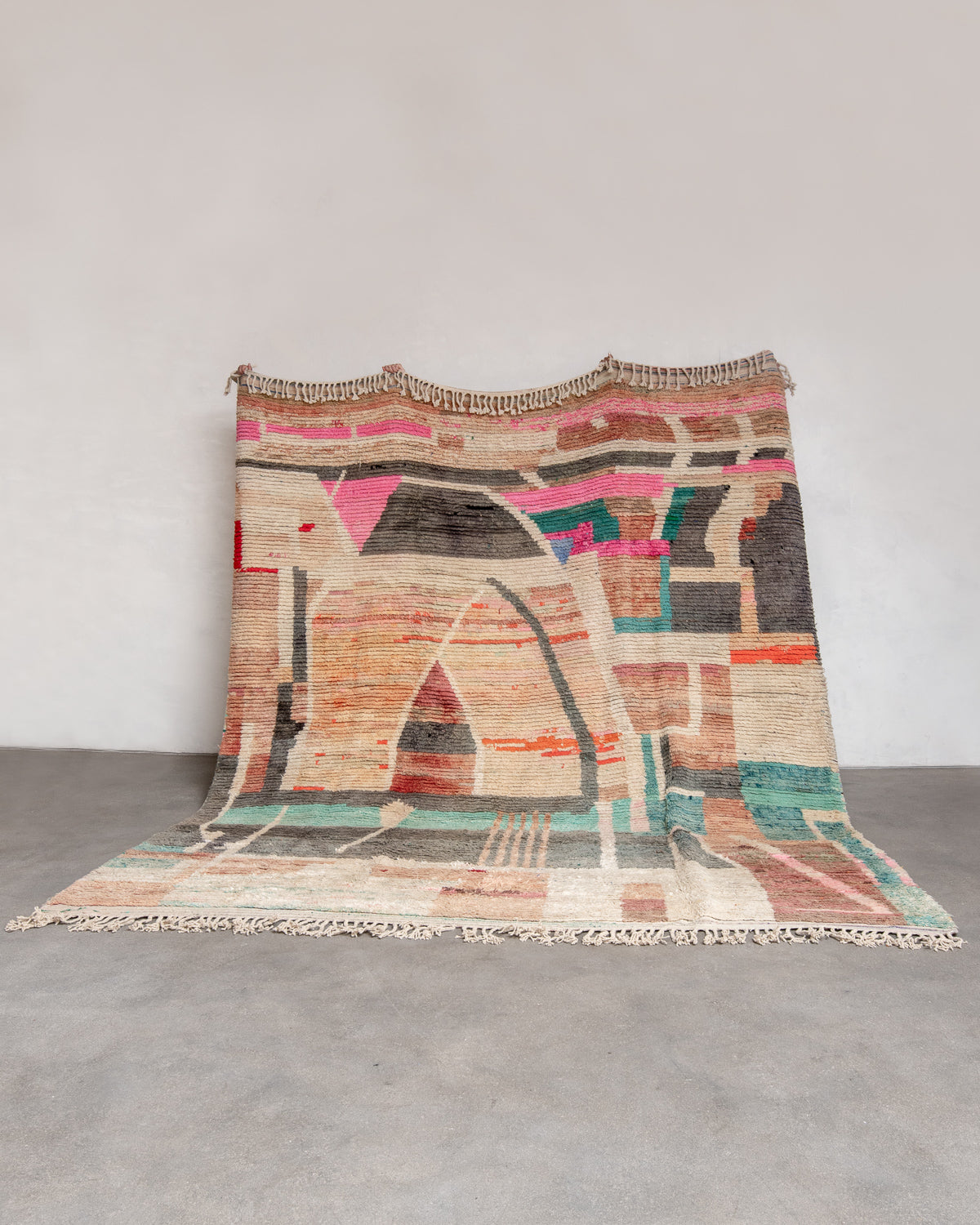 Modern, designer, handcrafted Berber rug from Morocco. Vintage carpet with beautiful colours and patterns and fluffy texture.